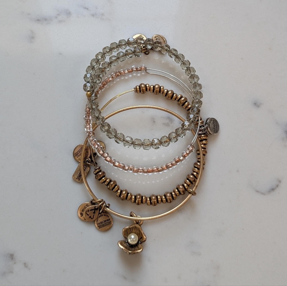 Alex + Ani Bangles Set of 4-Mix of Oyster/Pearl Charm, Swarovski Crysal, Beaded